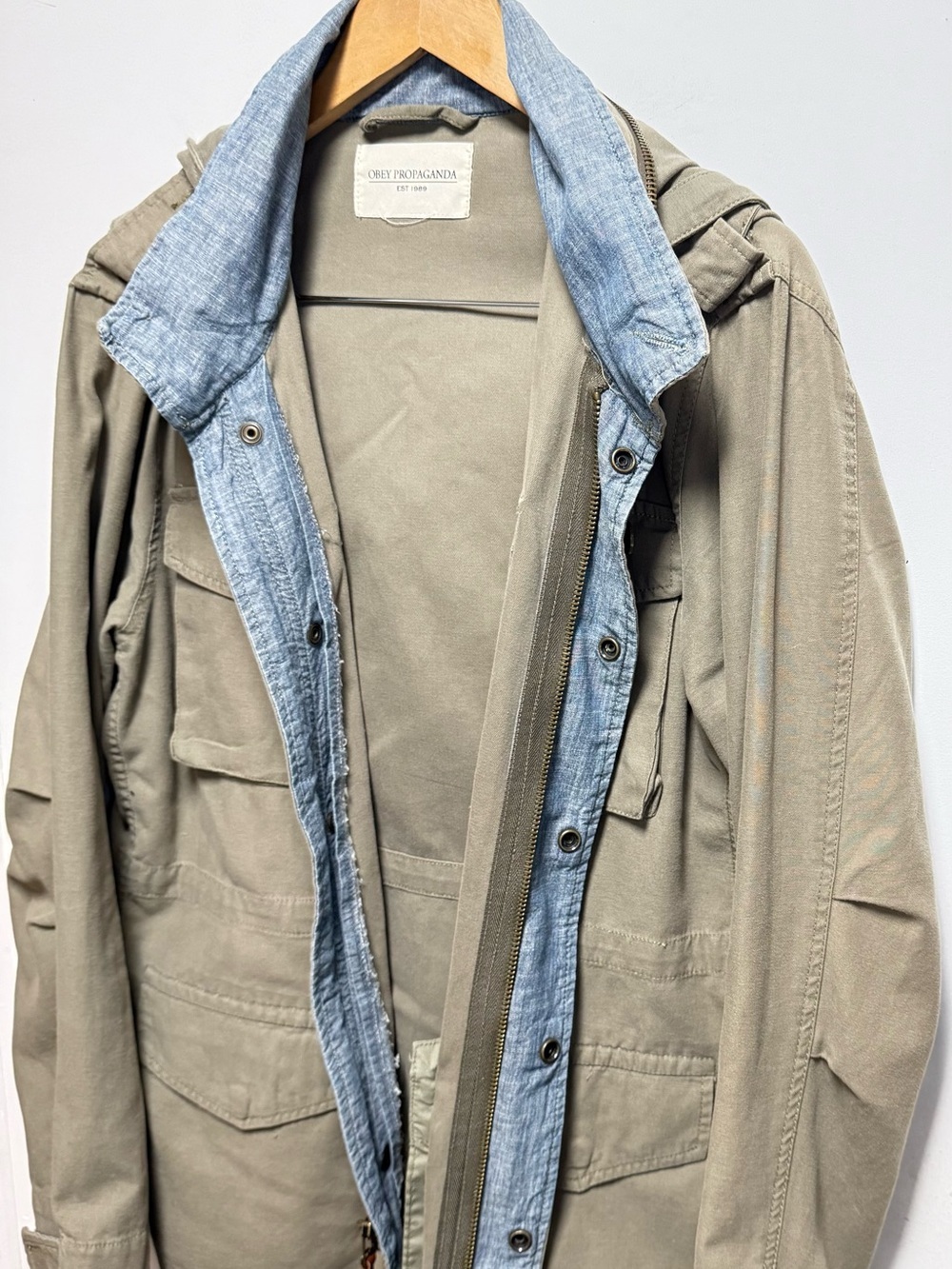 Obey Men's Military Field Jacket in Olive with Light Blue Lining - Picture 4 of 11